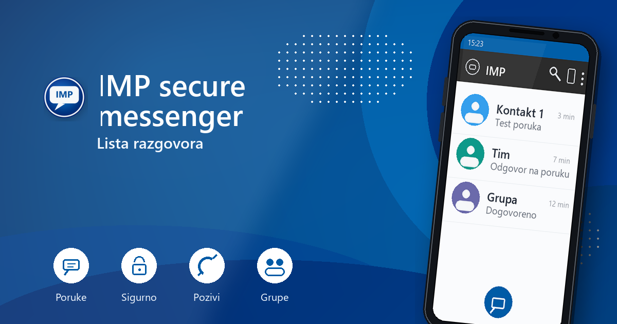 Lista razgovora u Ikar aplikaciji sa kontaktima, poslednjim porukama i opcijama za pretragu i novi razgovor